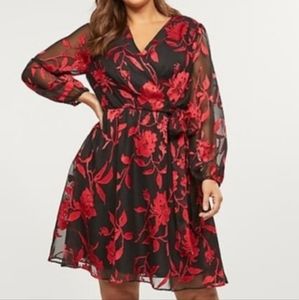Lane Bryant Mock Wrap Dress, black and red, size 24
